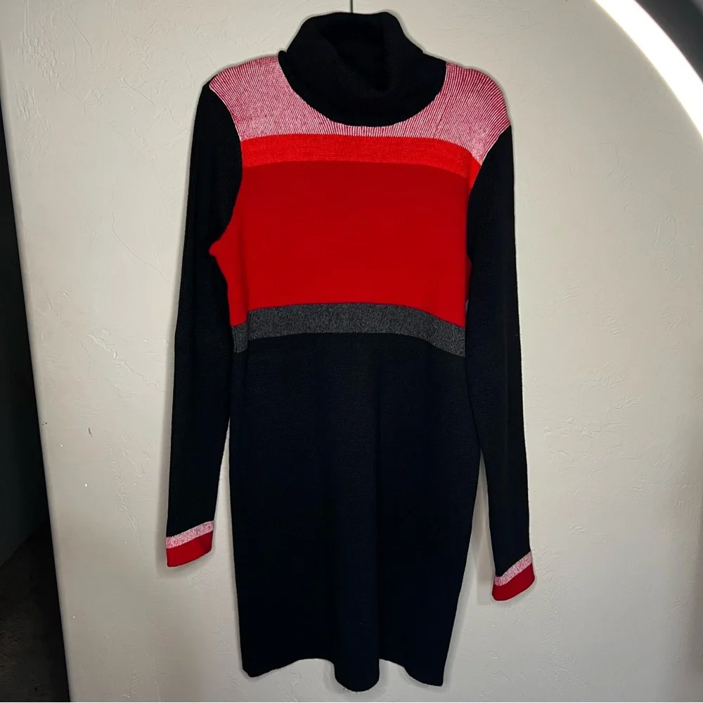 Free People Winter Break Black‎ Red Colorblock Ribbed Turtleneck Sweater Dress